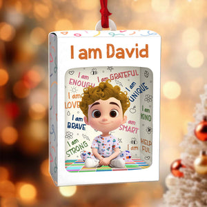 Custom name Christmas ornament for kids featuring a personalized character with affirmations