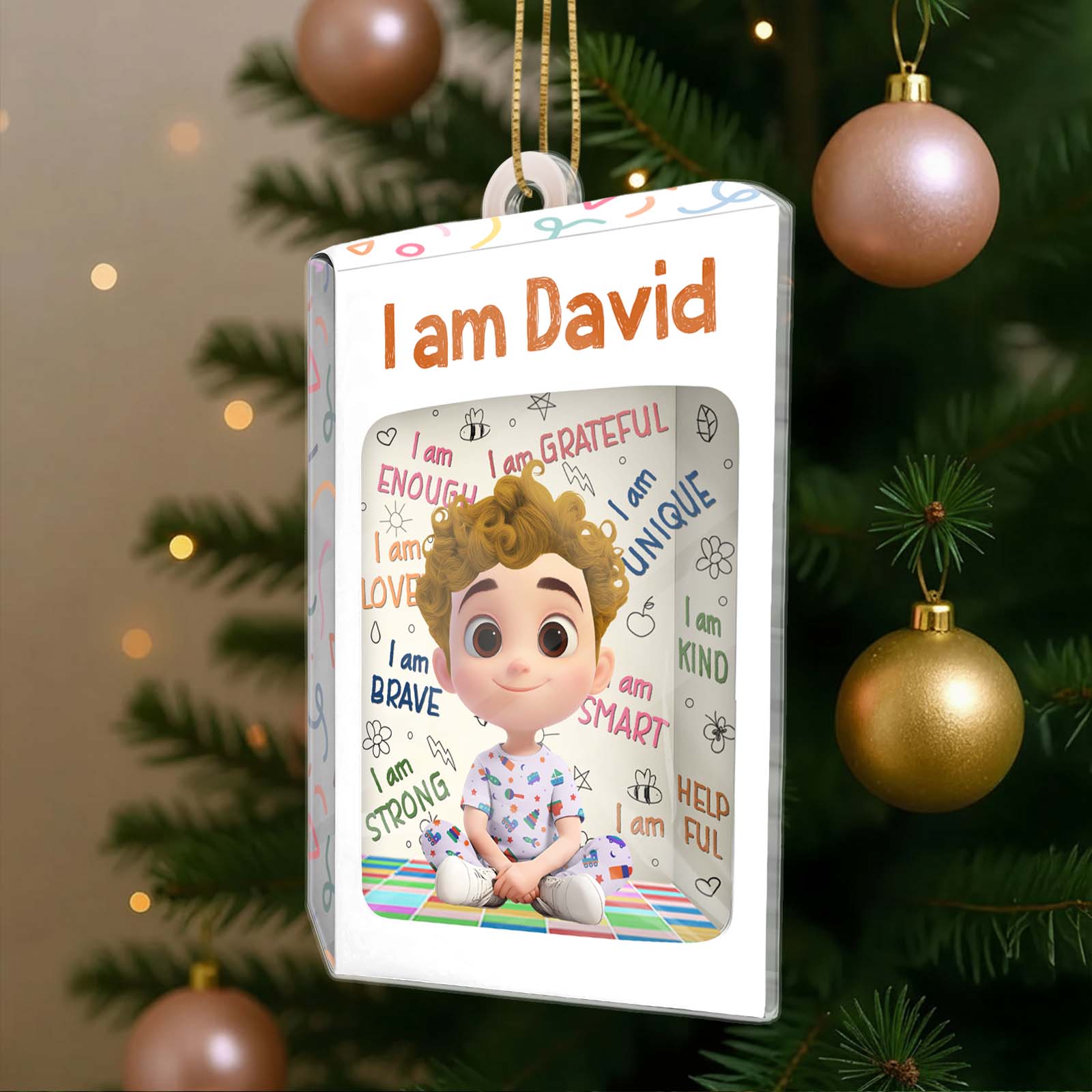 Custom name Christmas ornament for kids featuring a joyful character and positive affirmations