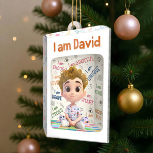 Custom name Christmas ornament for kids featuring a joyful character and positive affirmations