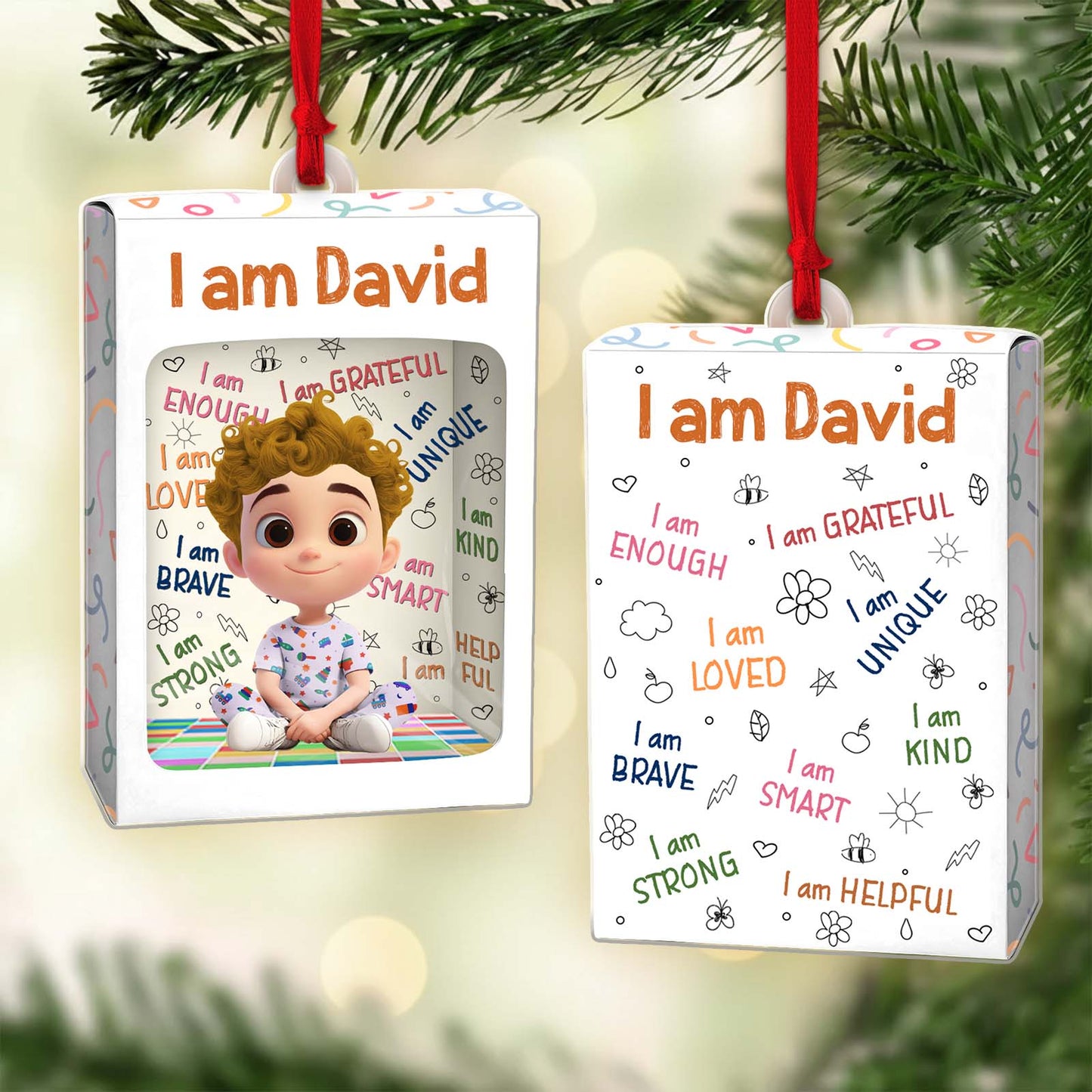 Custom name Christmas ornament for kids featuring a colorful design with positive affirmations