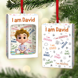Custom name Christmas ornament for kids featuring a colorful design with positive affirmations