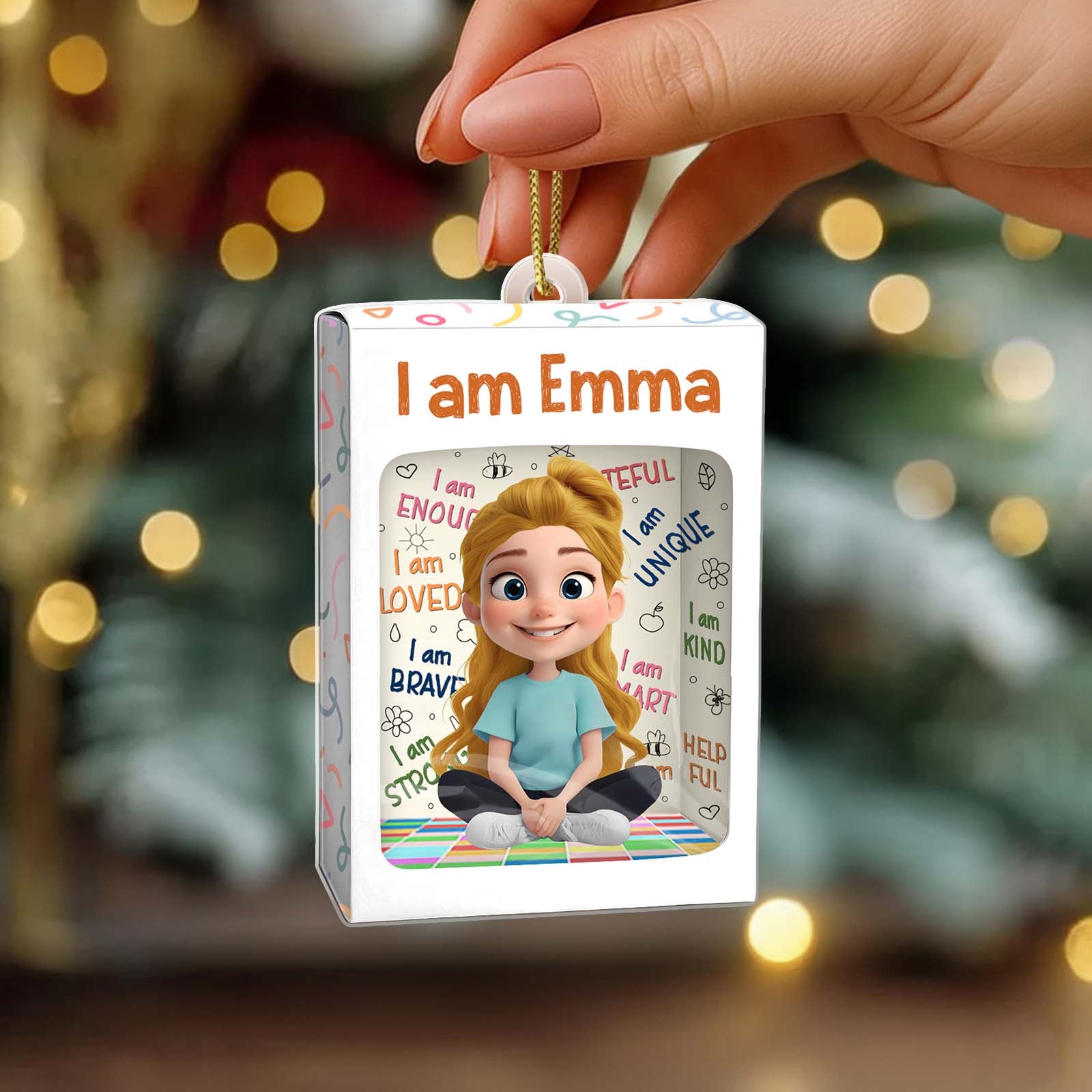 Custom name Christmas ornament for kids featuring a cheerful design with positive affirmations