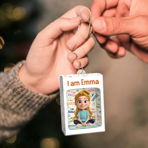 Custom name Christmas ornament for kids featuring a joyful character with positive affirmations