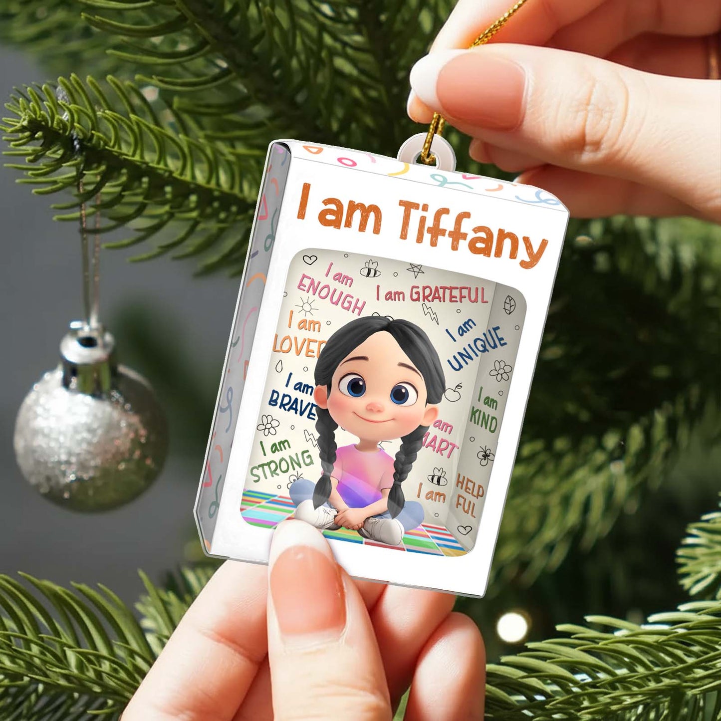 Custom name Christmas ornament for kids featuring a character design with positive affirmations