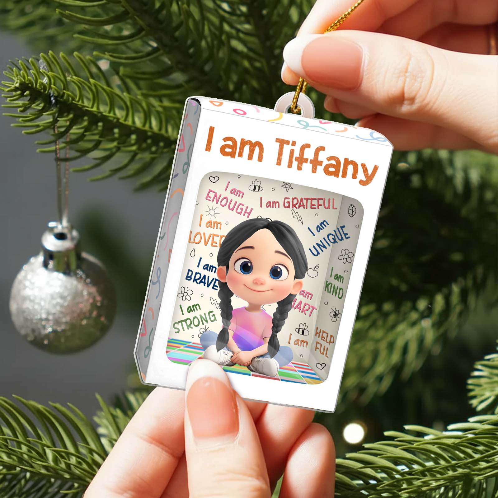 Custom name Christmas ornament for kids featuring a character design with positive affirmations