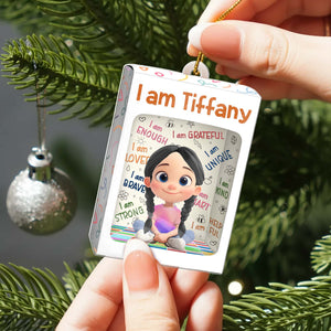 Custom name Christmas ornament for kids featuring a character design with positive affirmations