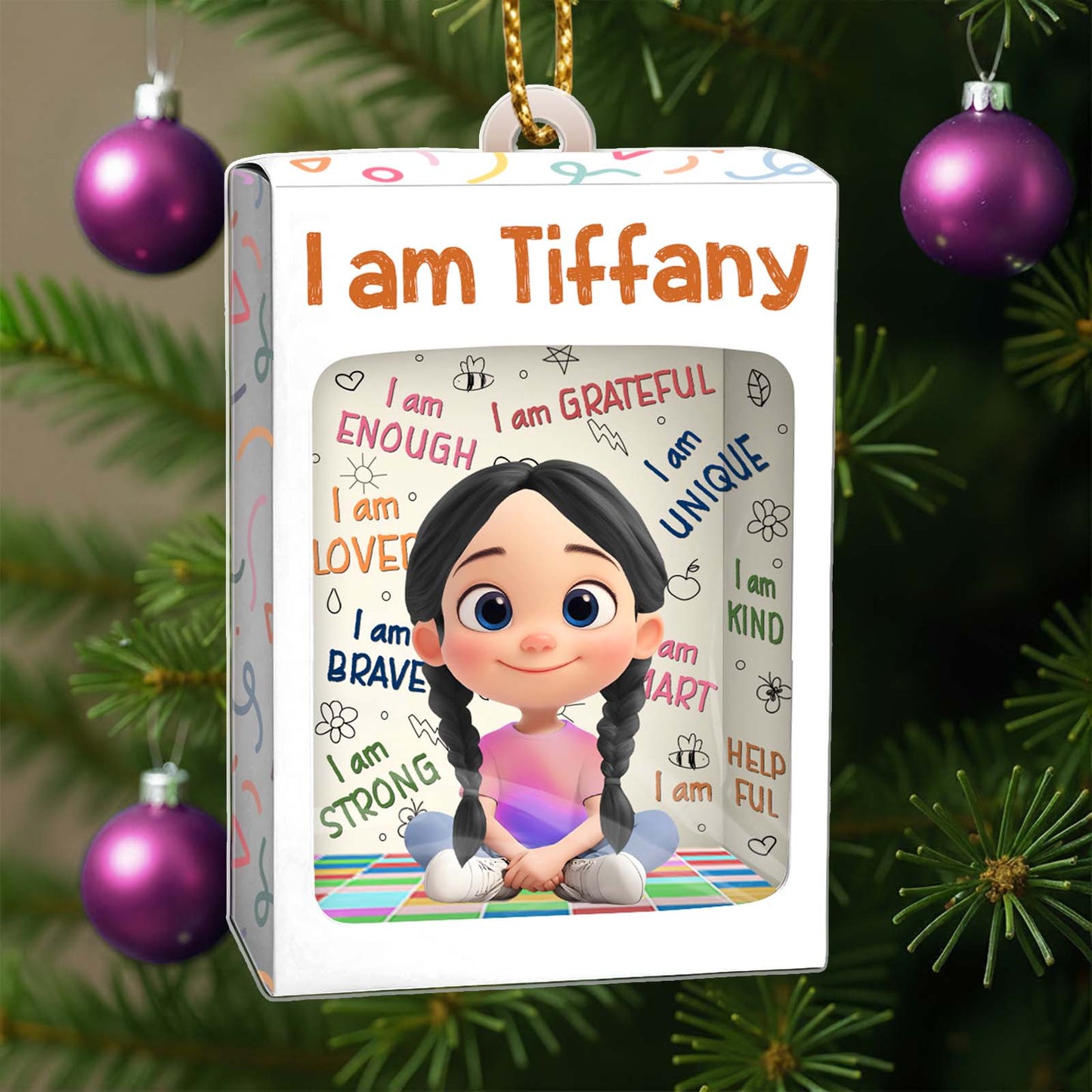 Custom name Christmas ornament for kids featuring a cheerful cartoon character with positive words