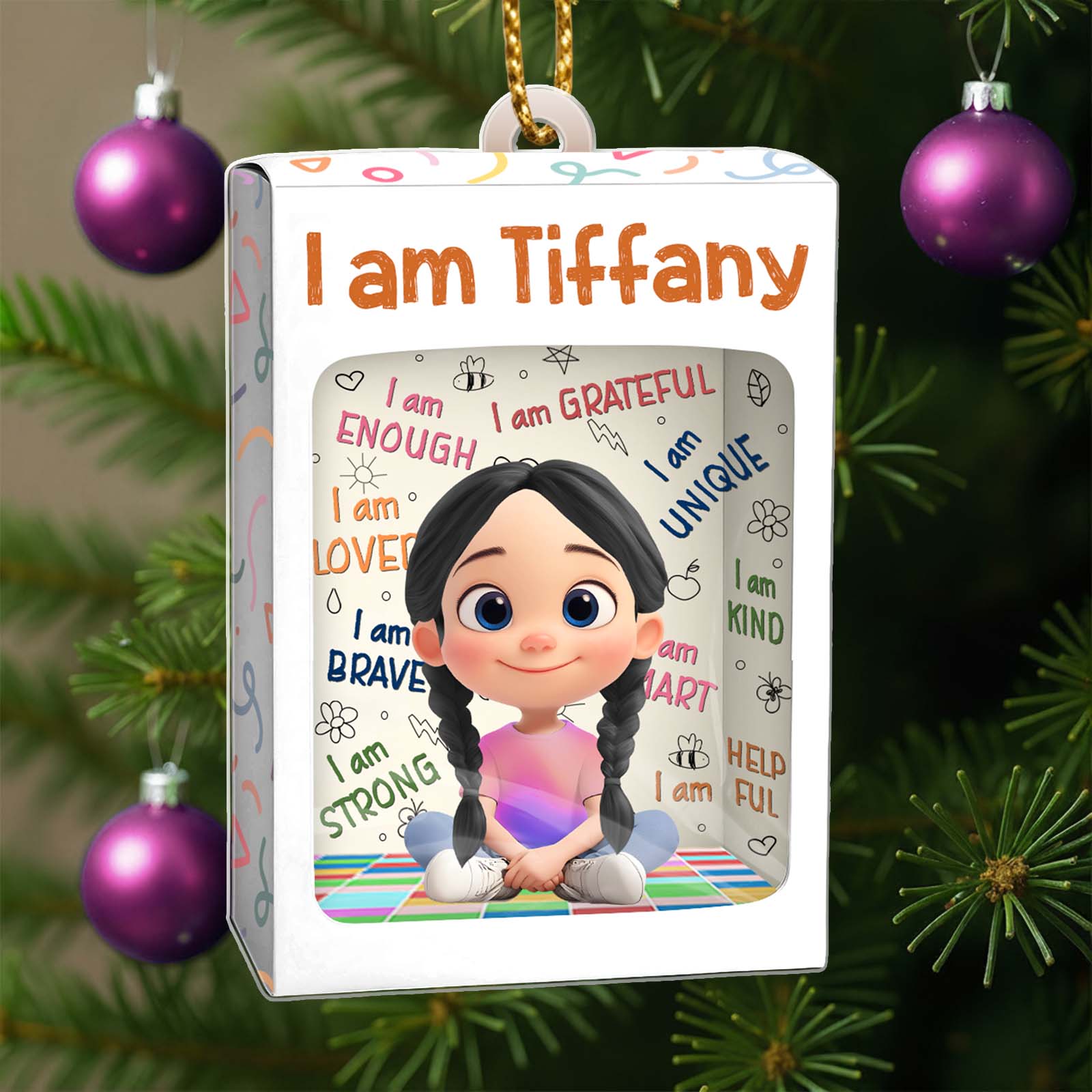 Custom name Christmas ornament for kids featuring a cheerful cartoon character with positive words