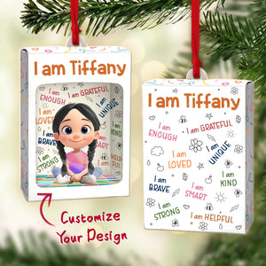 Custom name Christmas ornament for kids featuring a design with the name Tiffany and positive affirmations