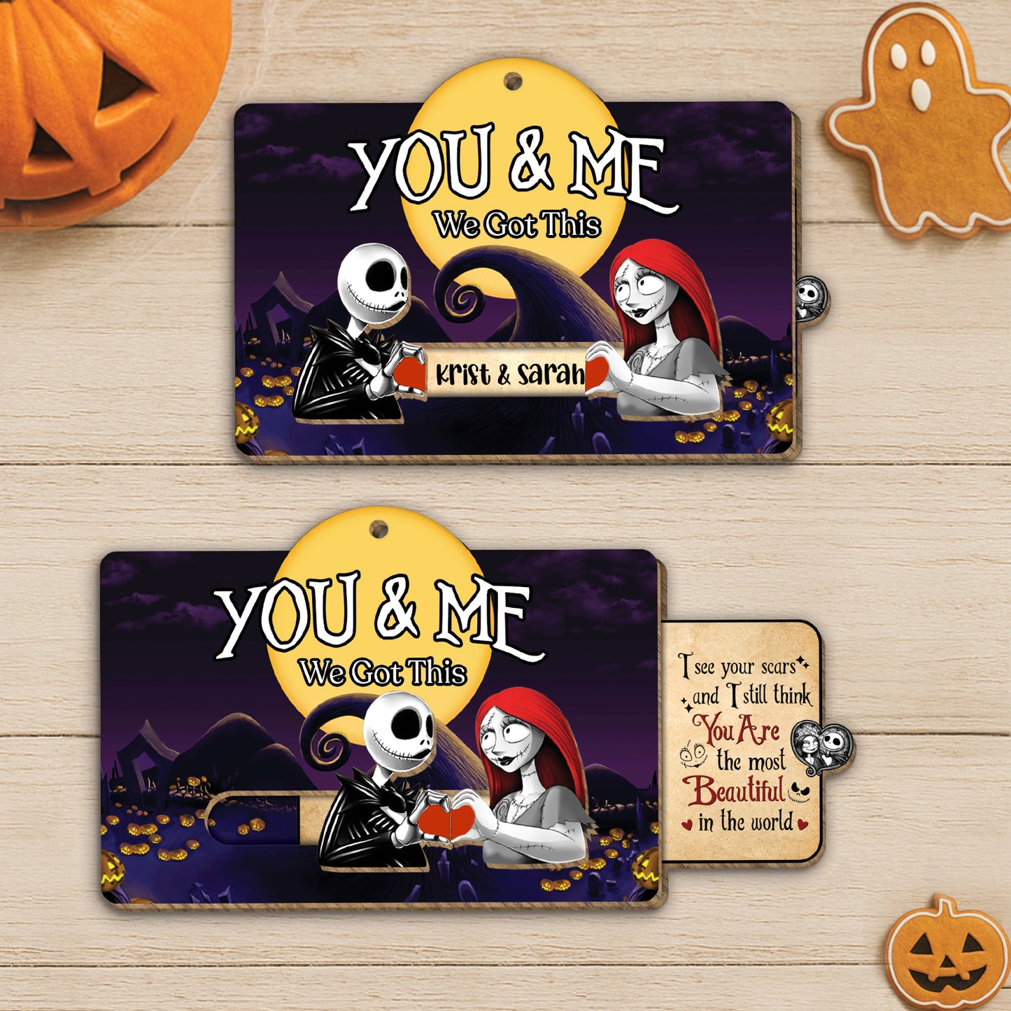 Personalized Halloween gift for couples featuring cartoon couple with red hearts and custom names
