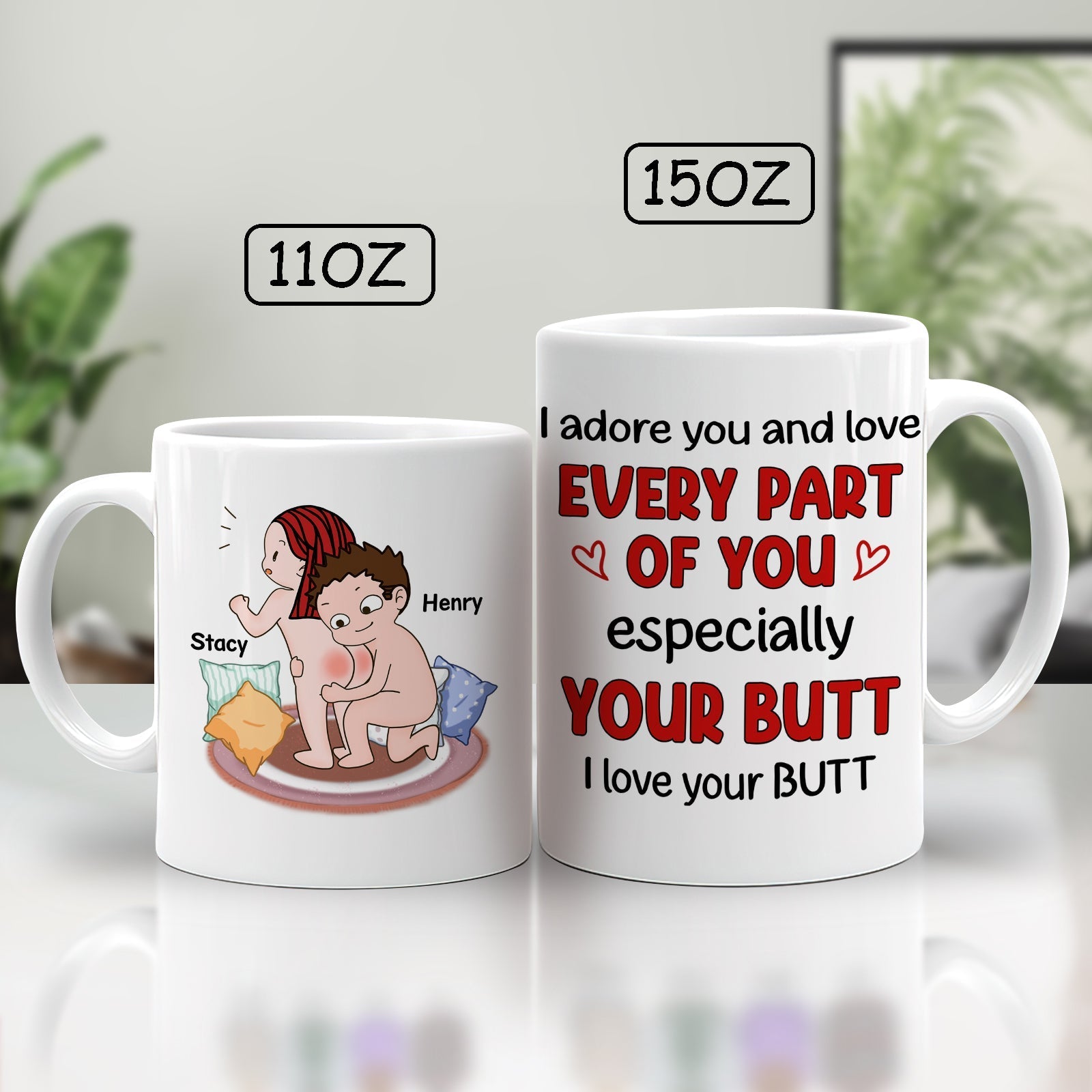 365Gifty I adore you love mug set with humorous cartoon and bold red text in 11oz and 15oz sizes