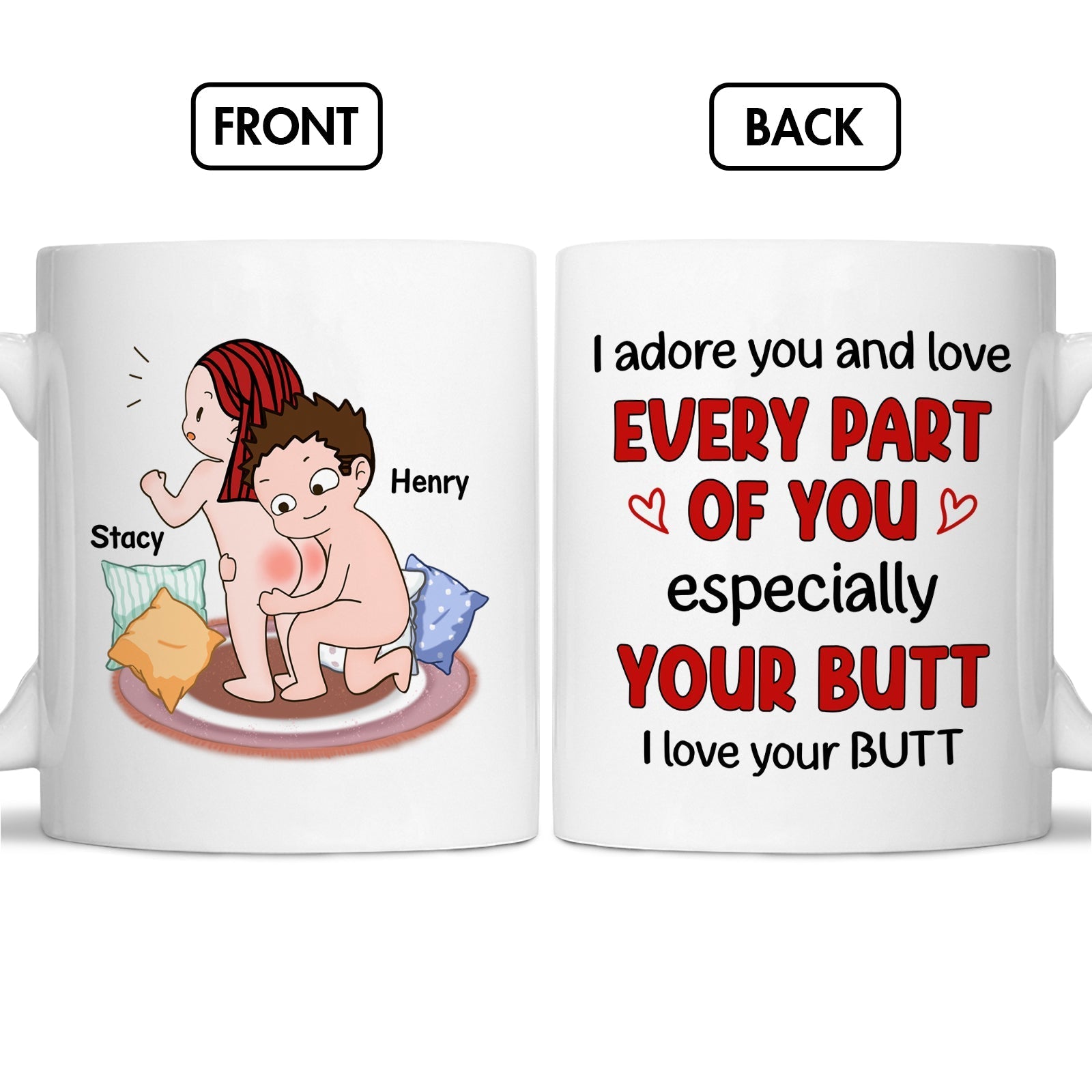 365Gifty I adore you love mug with cute couple illustration and playful text about loving every part especially your butt