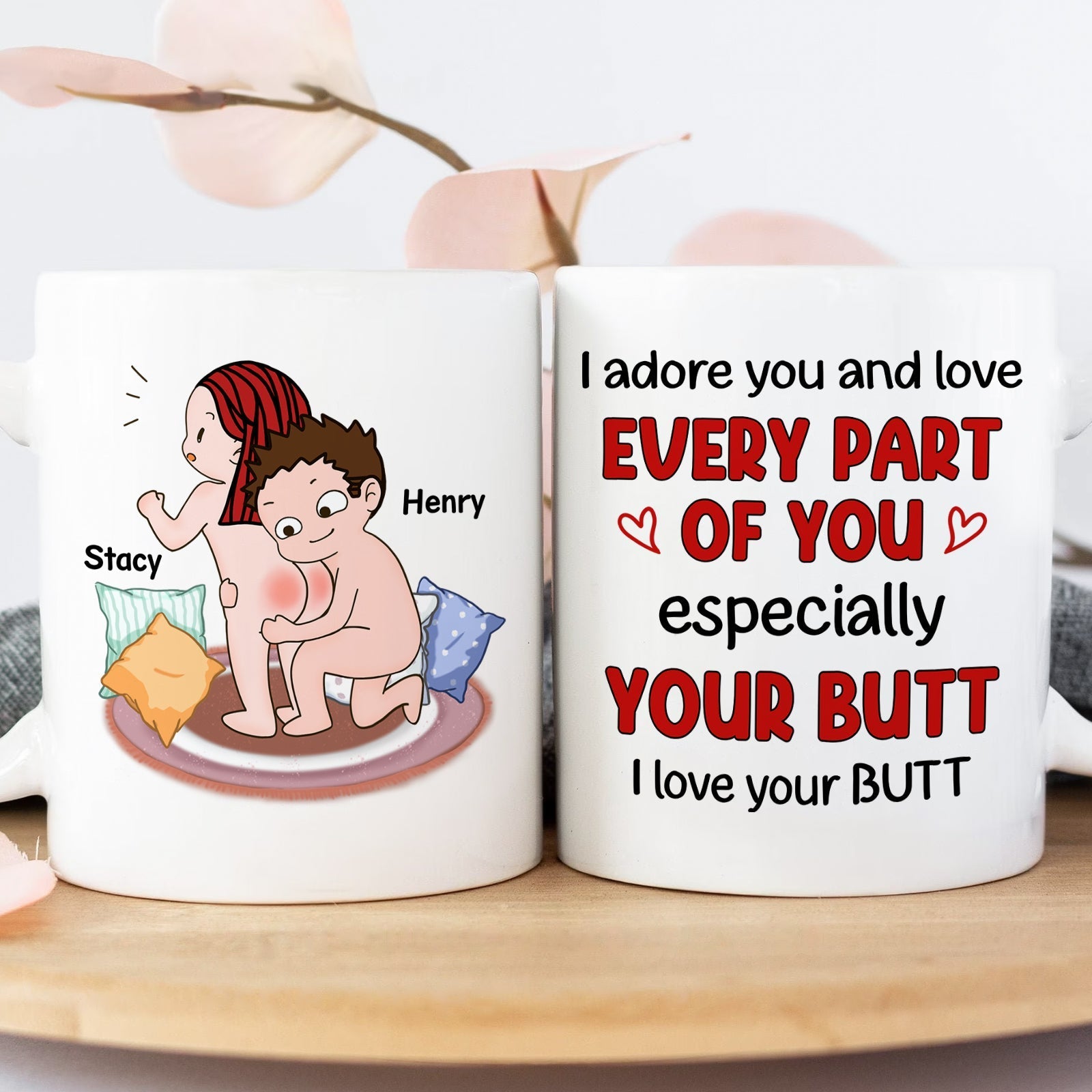 365Gifty I adore you love mug with cute cartoon couple and funny love message about every part of you