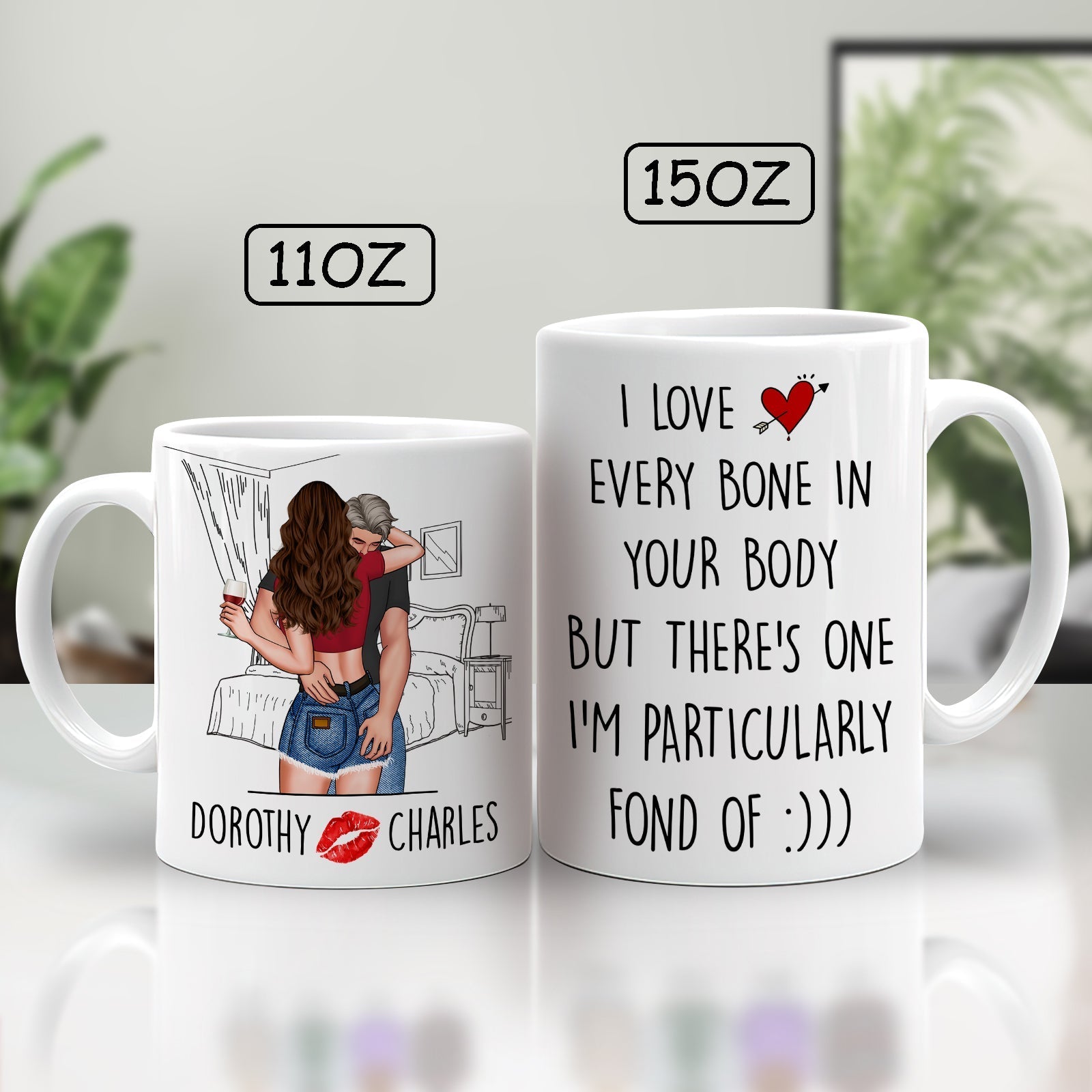 I love every bone in your body mug showing two sizes with romantic couple illustration and personalized names