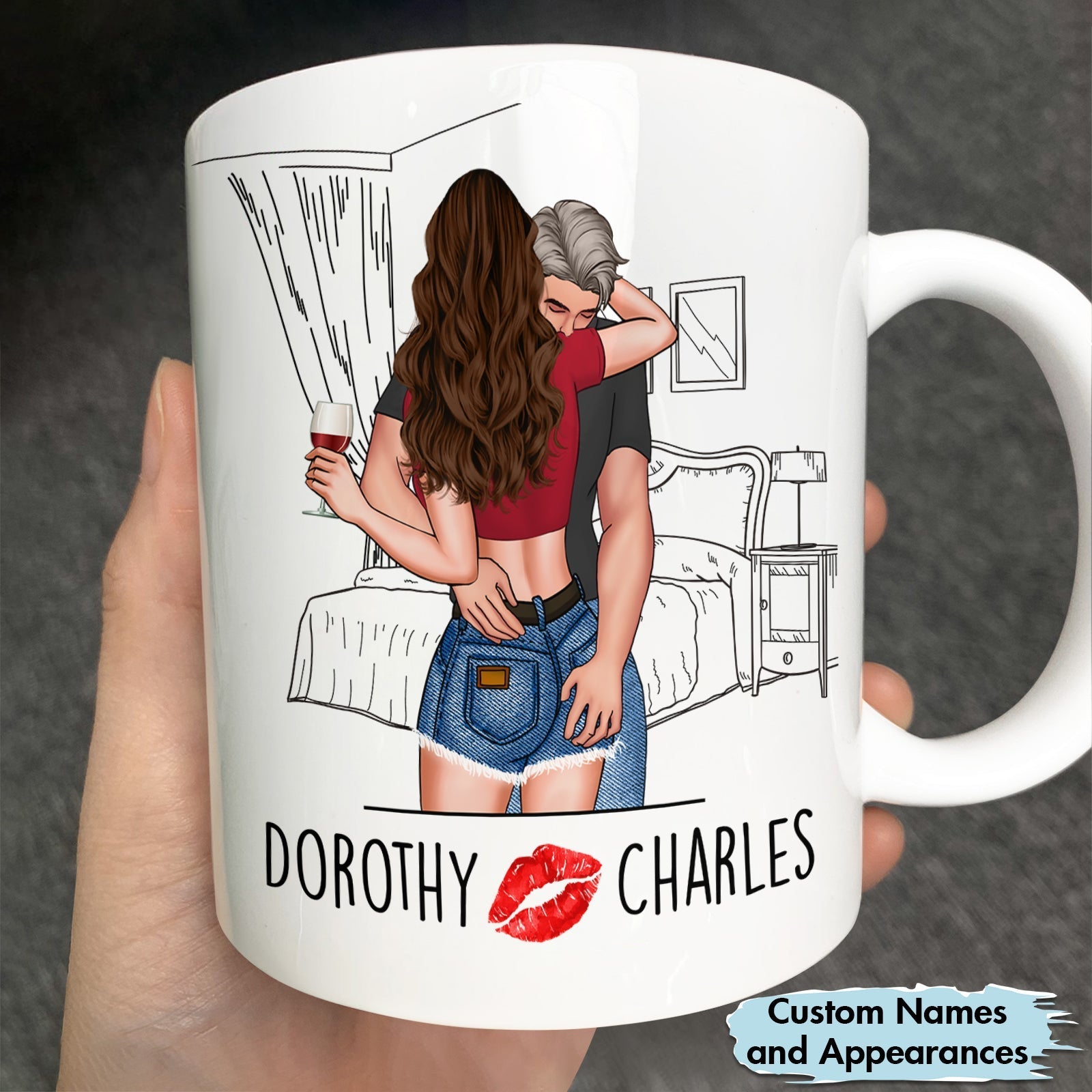 I love every bone in your body mug featuring a custom couple hug illustration with names Dorothy and Charles