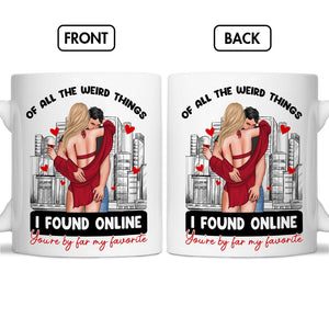 Of all the weird things mug with romantic couple illustration and city skyline design