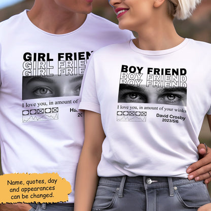 Couple wearing custom only you shirt with personalized boyfriend and girlfriend eye design and text