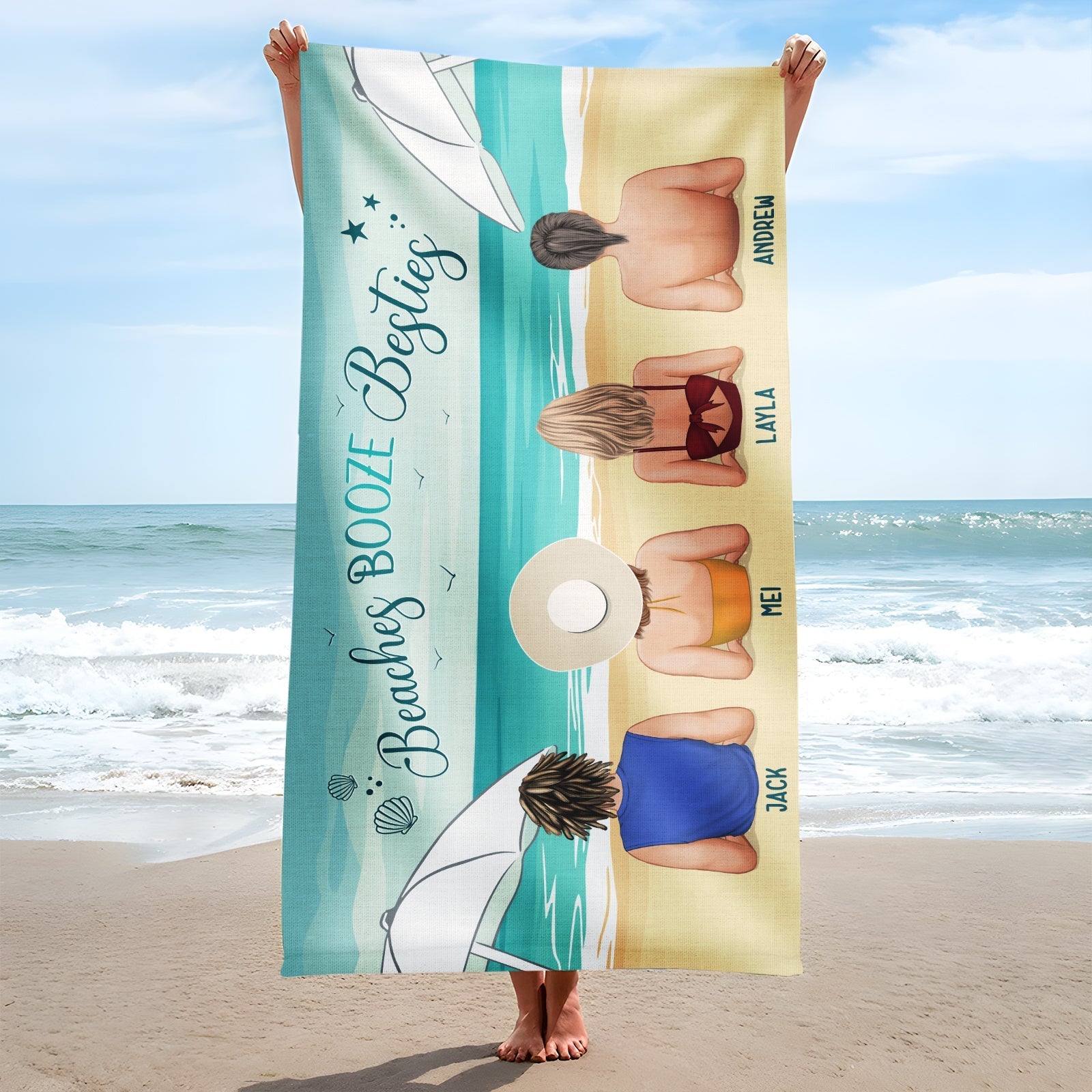 365Gifty Personalized Beach Towel showing four friends lying on sand by the ocean with custom names