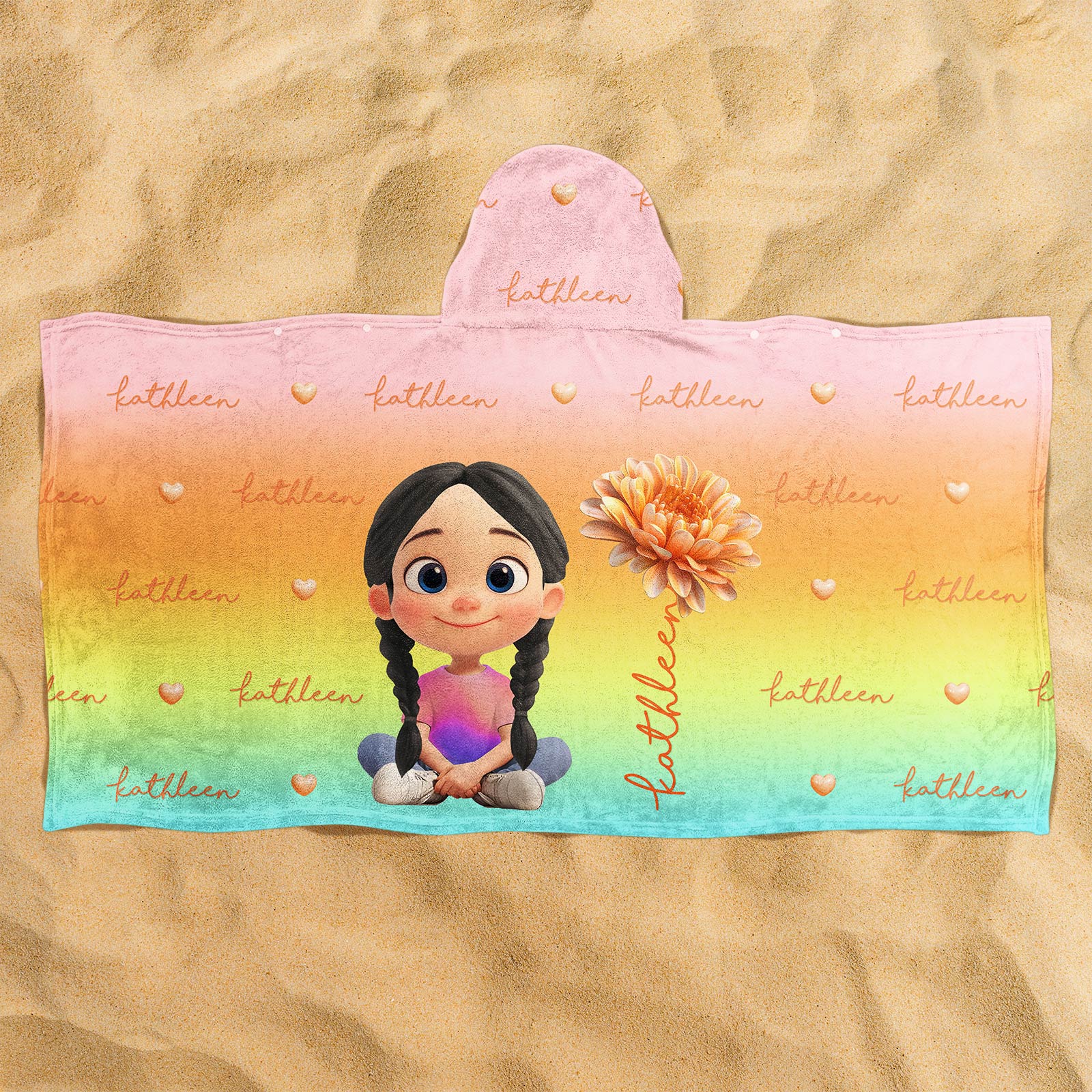 Personalized Beach Towel hooded rainbow towel with cartoon girl with braids holding a flower and the name Kathleen on sand