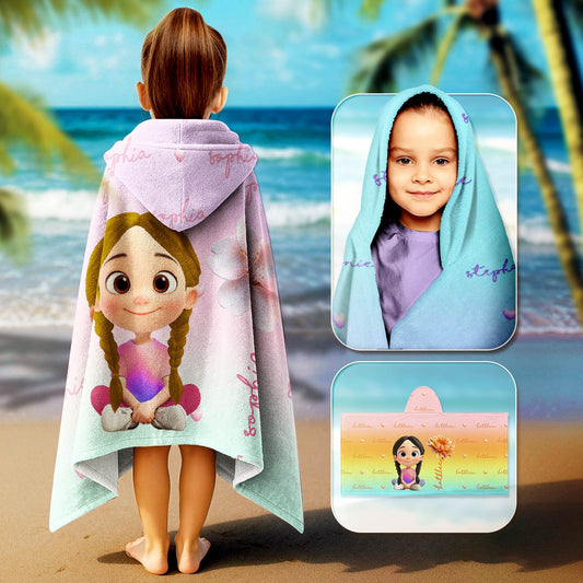 Personalized Beach Towel hooded kids towel with cartoon girl in braids pastel aqua and pink beach design