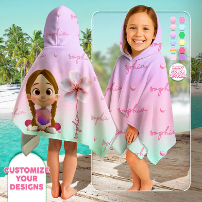 Personalized Beach Towel hooded poncho for kids pink with cartoon girl floral print and custom name pattern