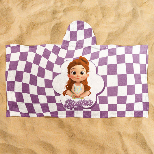 Personalized Beach Towel hooded purple white checkered towel with cartoon girl illustration and name Heather