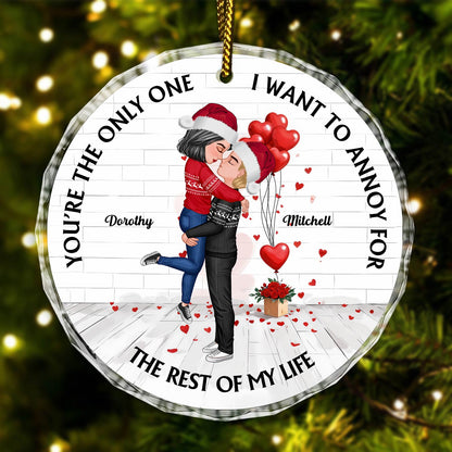365Gifty personalized couple ornament with cartoon couple, hearts, and message I want to annoy for the rest of my life