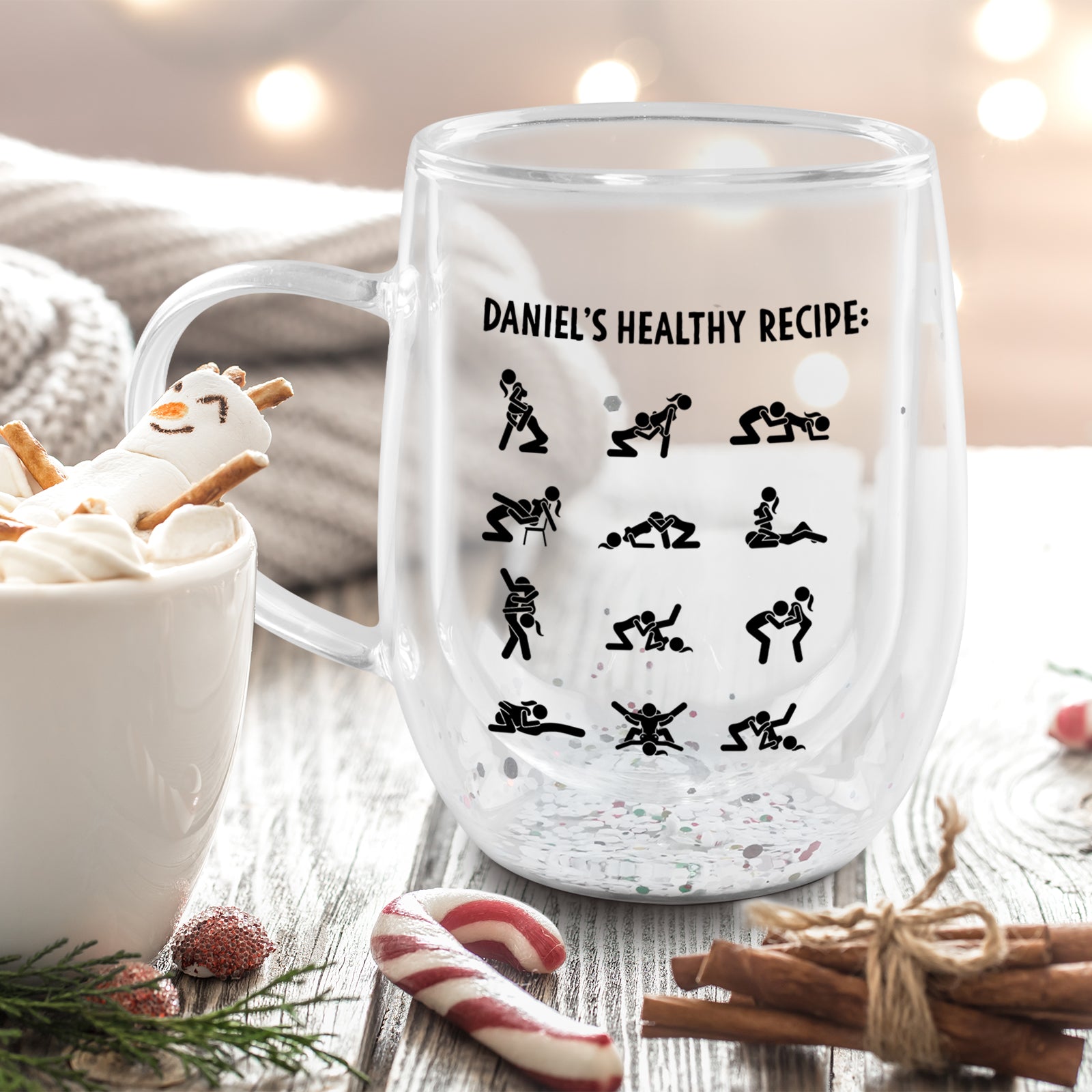 365Gifty personalized double walled glass mug with humorous stick figure design reading Daniels Healthy Recipe