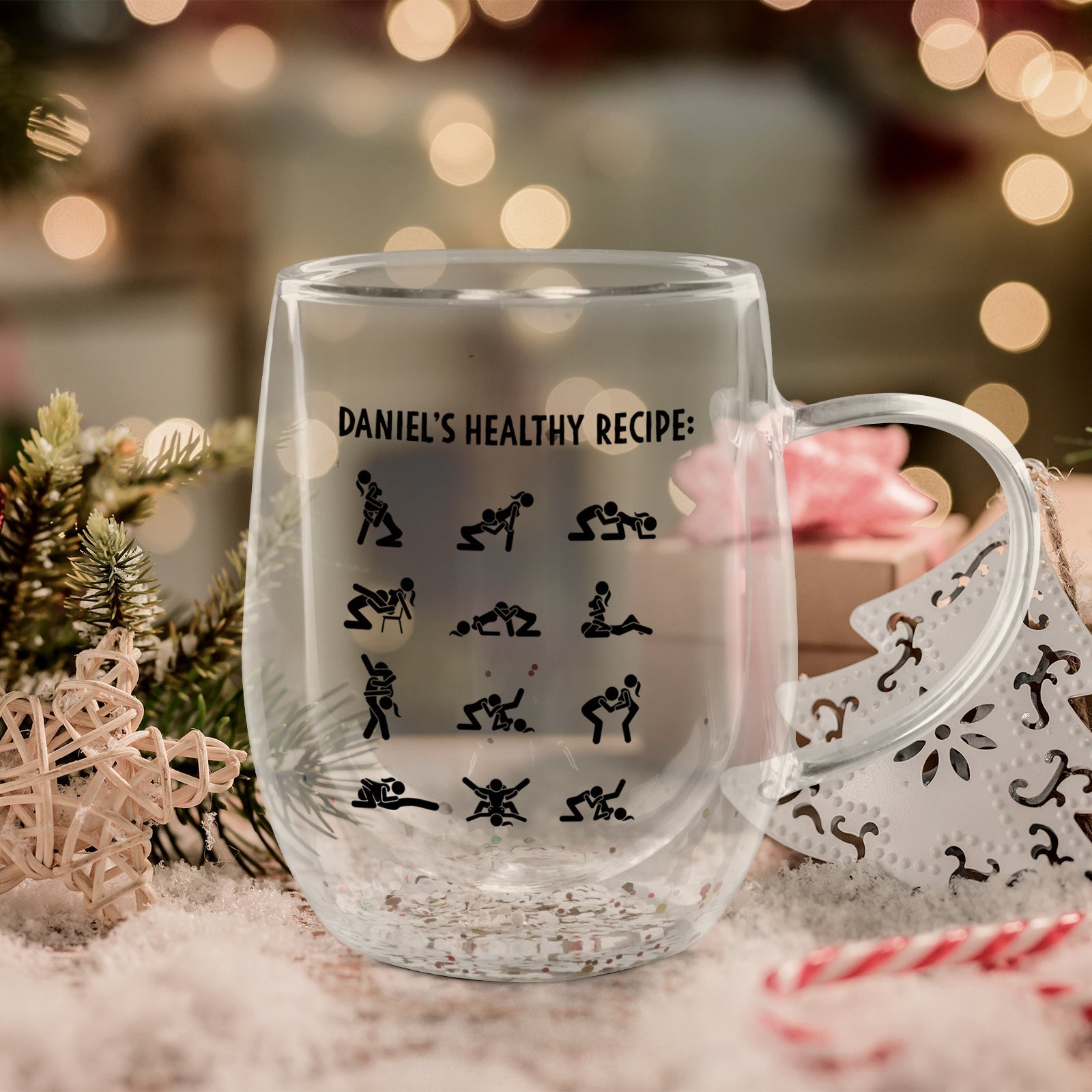 365Gifty personalized double walled glass mug showing custom name Daniel and black exercise icon chart on clear glass