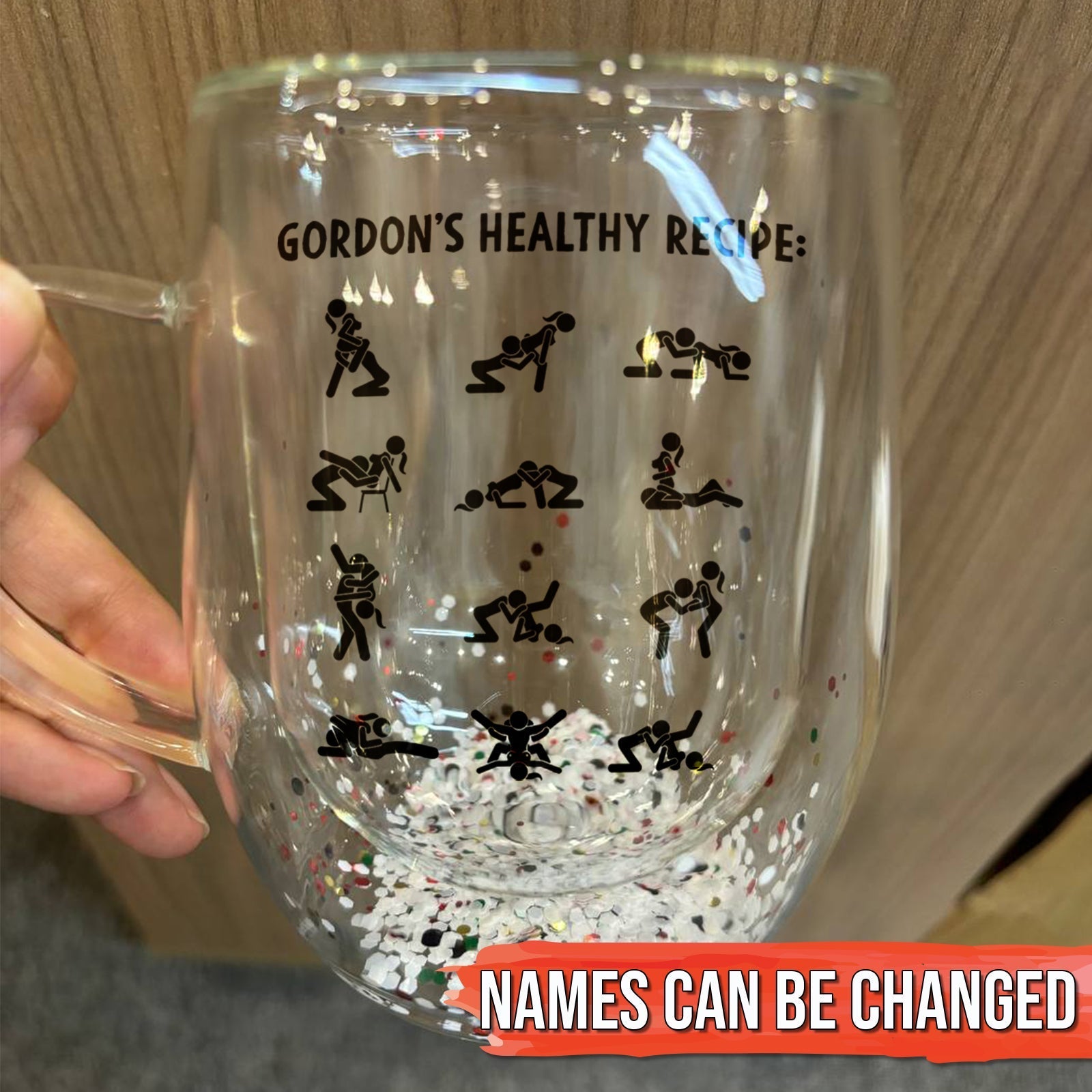 Clear personalized double walled glass mug featuring Gordons Healthy Recipe stick figure icons and confetti base
