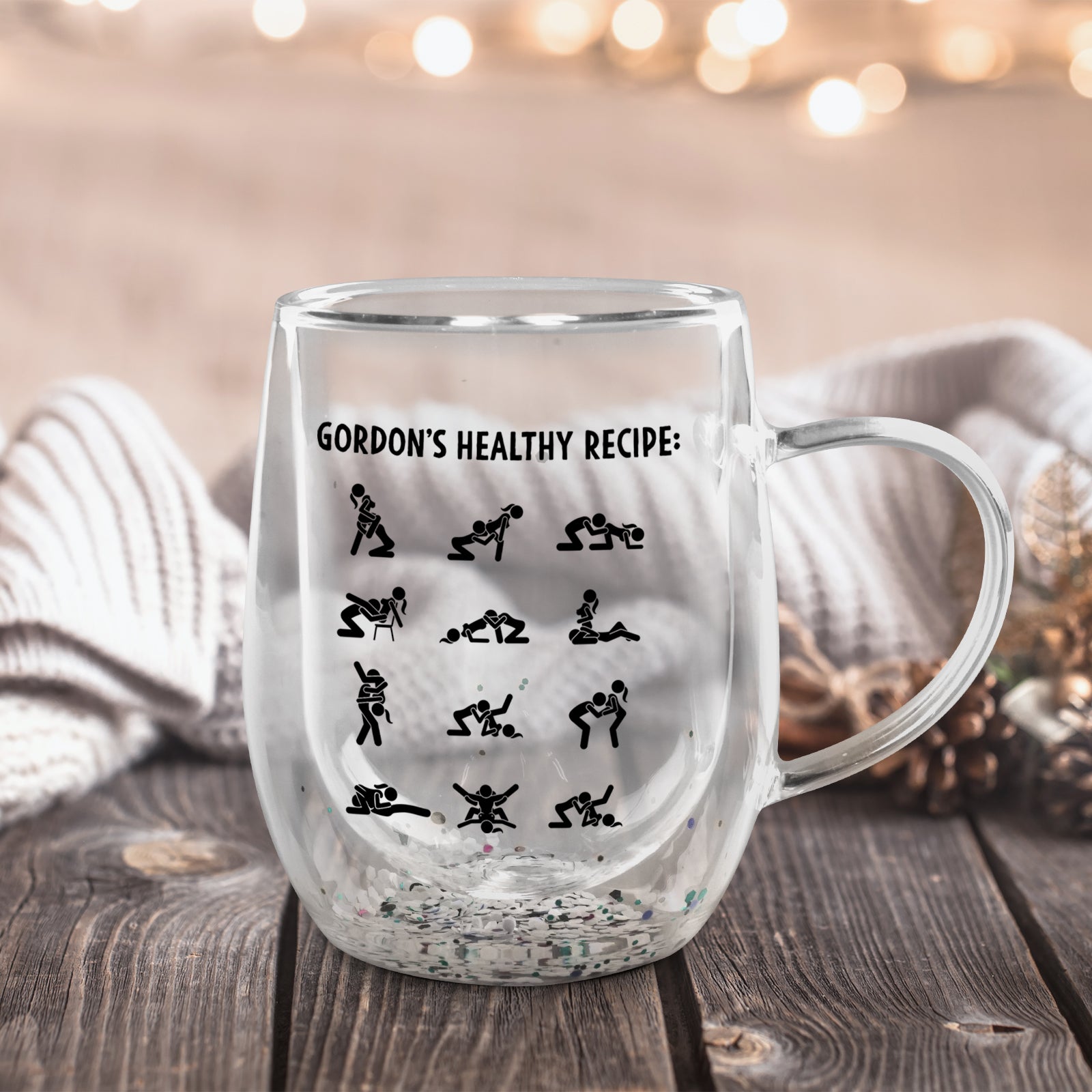 personalized double walled glass mug with handle and confetti base showing Gordons Healthy Recipe text and silhouette icons