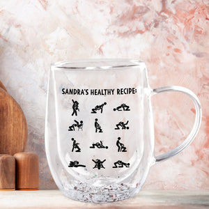 365Gifty personalized double walled glass mug with Sandras Healthy Recipe and black stick figure exercise icons