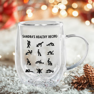 personalized double walled glass mug featuring black stick figure activity icons and custom name Sandra healthy recipe