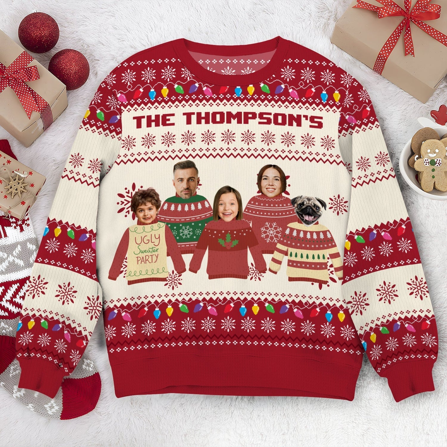 Personalized family ugly Christmas sweater with custom photo and red festive holiday patterns