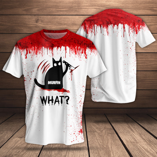 365Gifty personalized Halloween black cat shirt white tee with red blood splatter and cartoon black cat holding knife