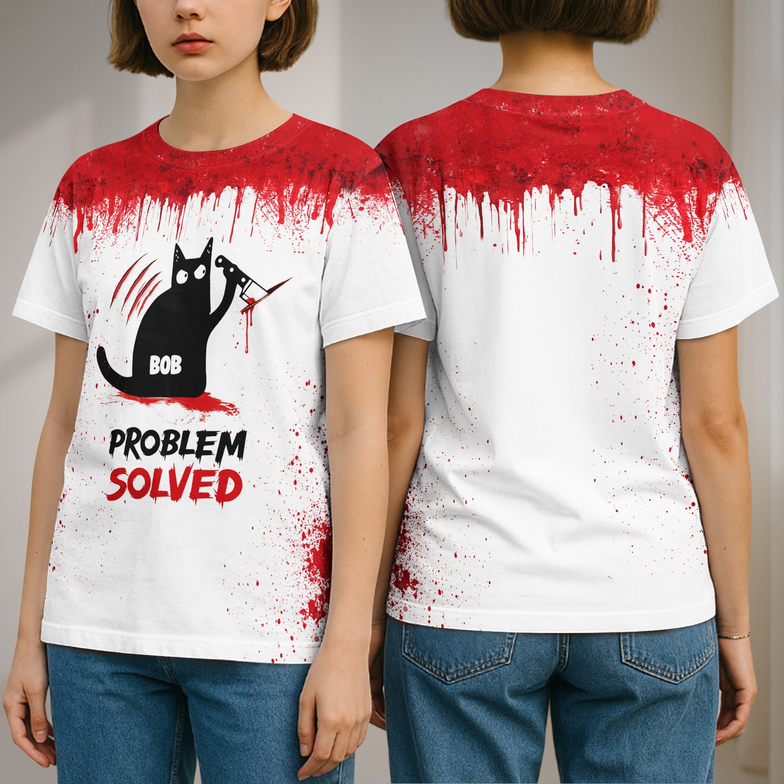 personalized Halloween black cat shirt white tee with red blood splatter front and back cat named BOB with knife