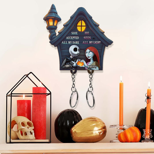 Personalized Halloween keychain holder shaped like spooky house with Jack and Sally characters and customizable names