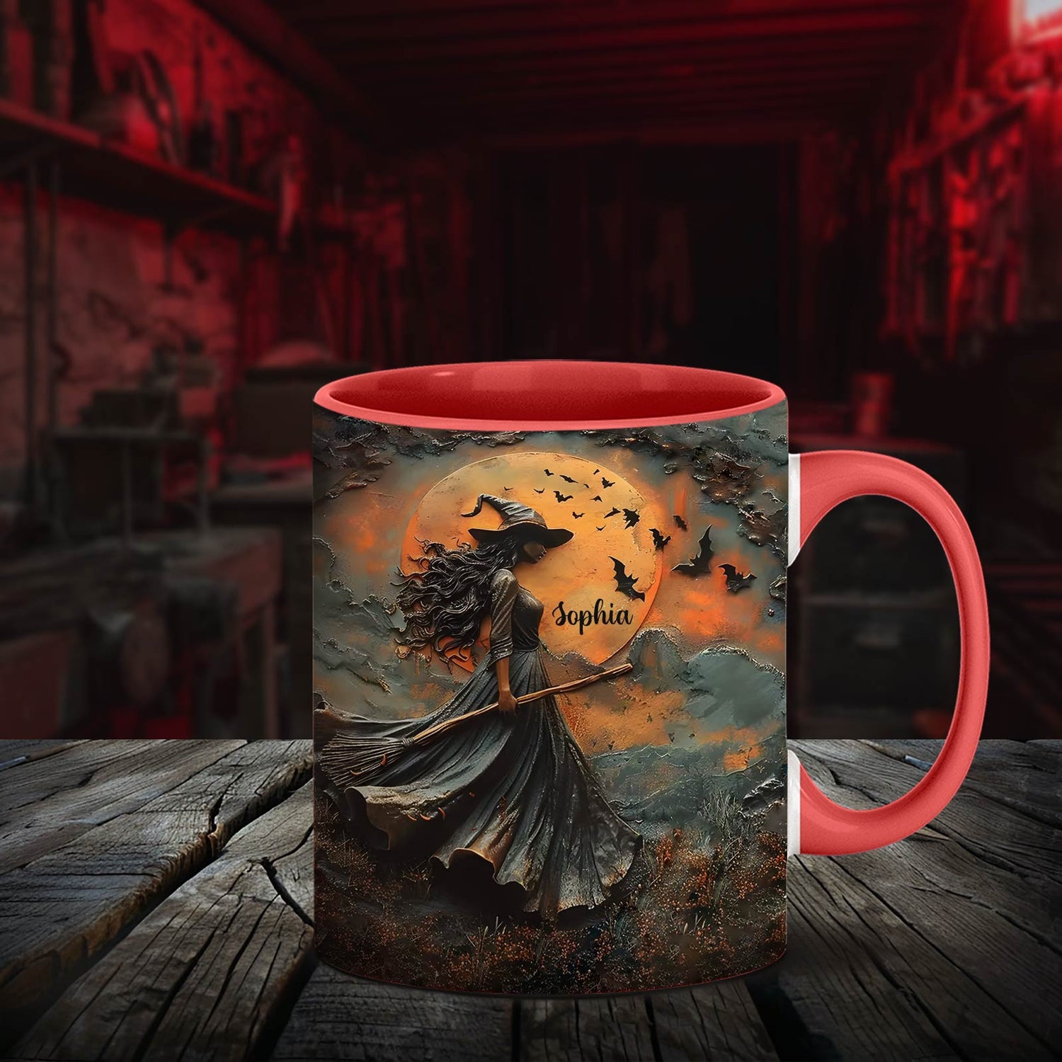Personalized Halloween mug with witch design and name Sophia in spooky night scene