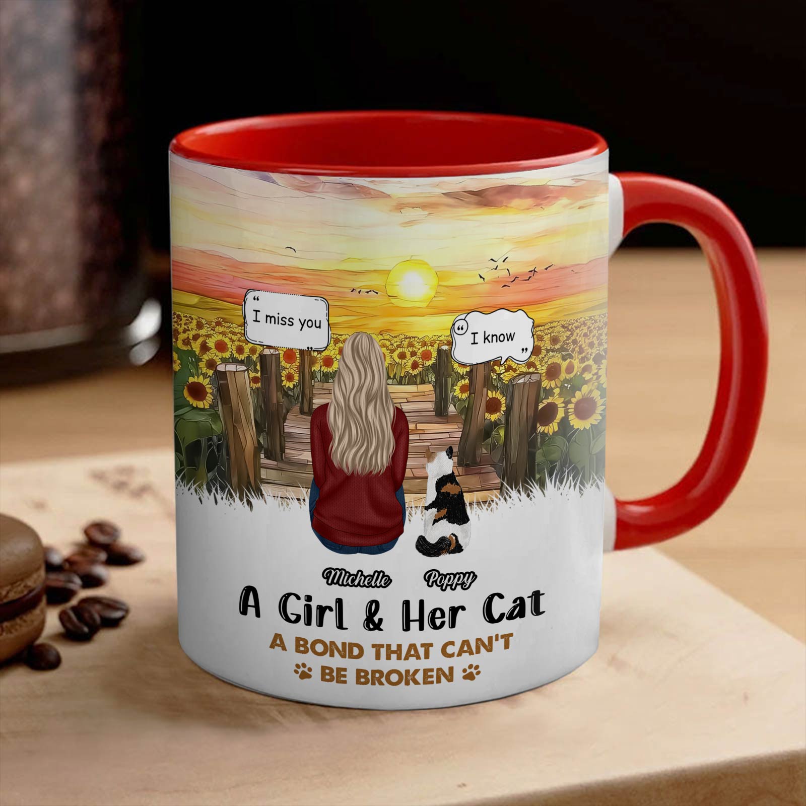 Custom pet owner gift mug featuring a girl and her cat with a sunset and sunflower background