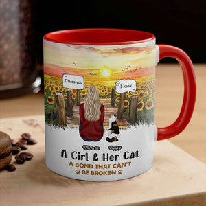 Custom pet owner gift mug featuring a girl and her cat with a sunset and sunflower background