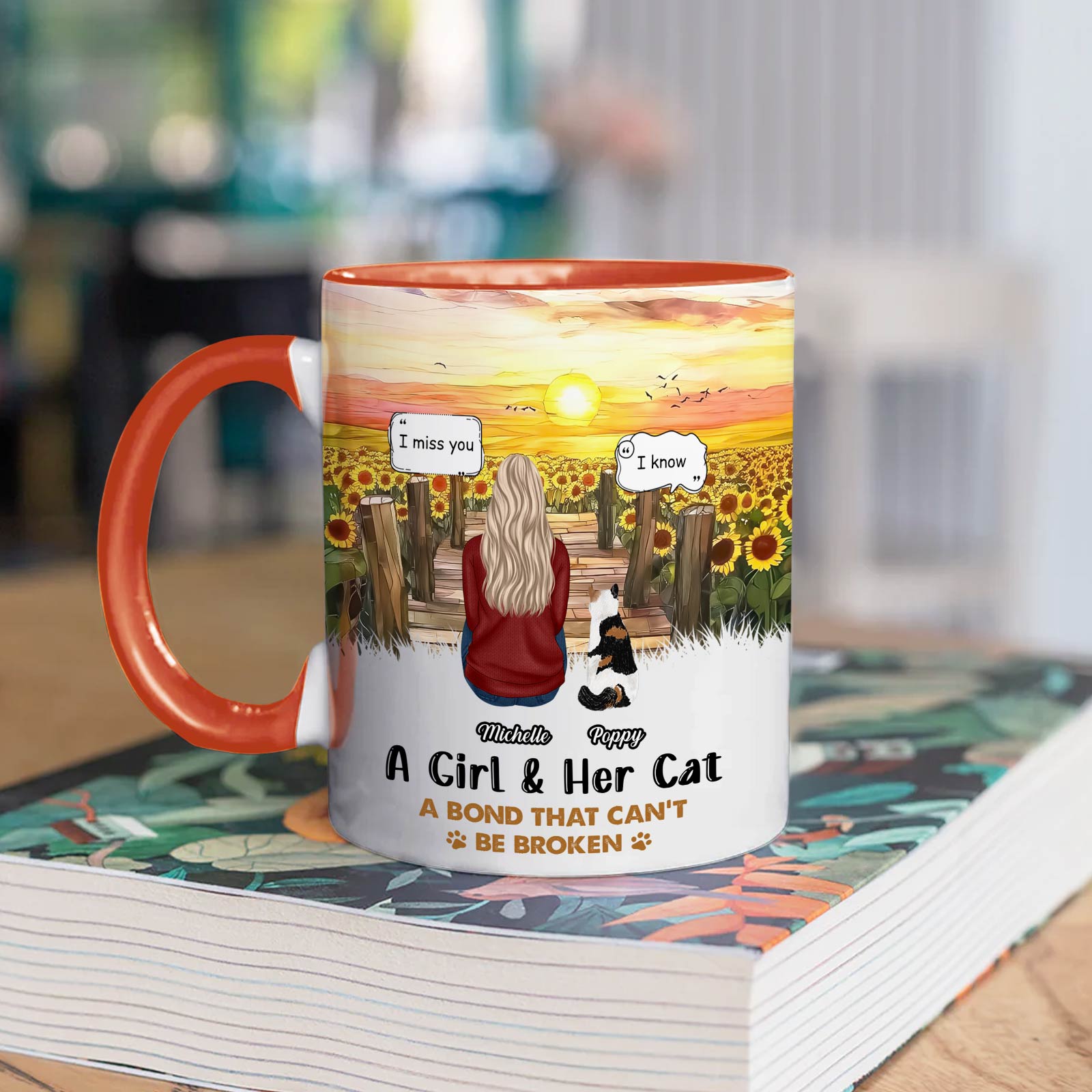 Custom pet owner gift mug featuring a woman and her cat with a sunset and sunflowers design