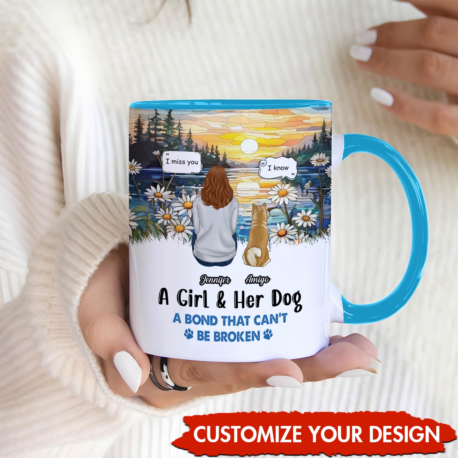 Custom pet owner gift mug featuring a girl and her dog with a scenic sunset design