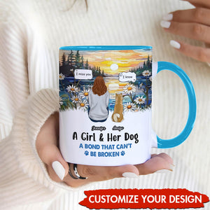 Custom pet owner gift mug featuring a girl and her dog with a scenic sunset design