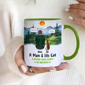 Custom pet owner gift mug featuring a man and his cat with a scenic mountain background