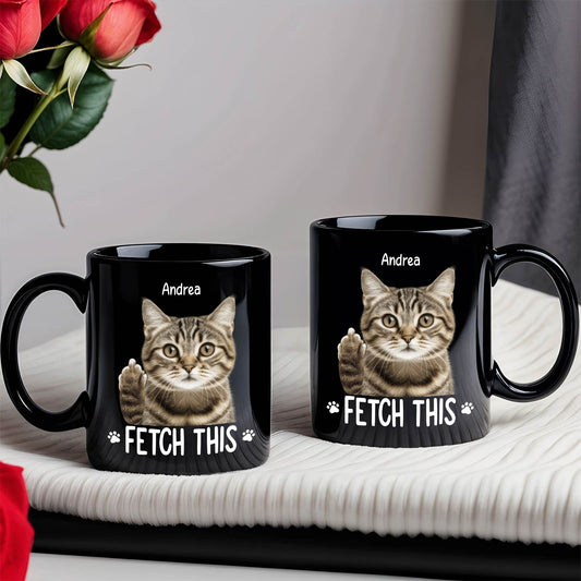 Custom pet photo mug featuring a cute cat design and personalized name for unique gift options