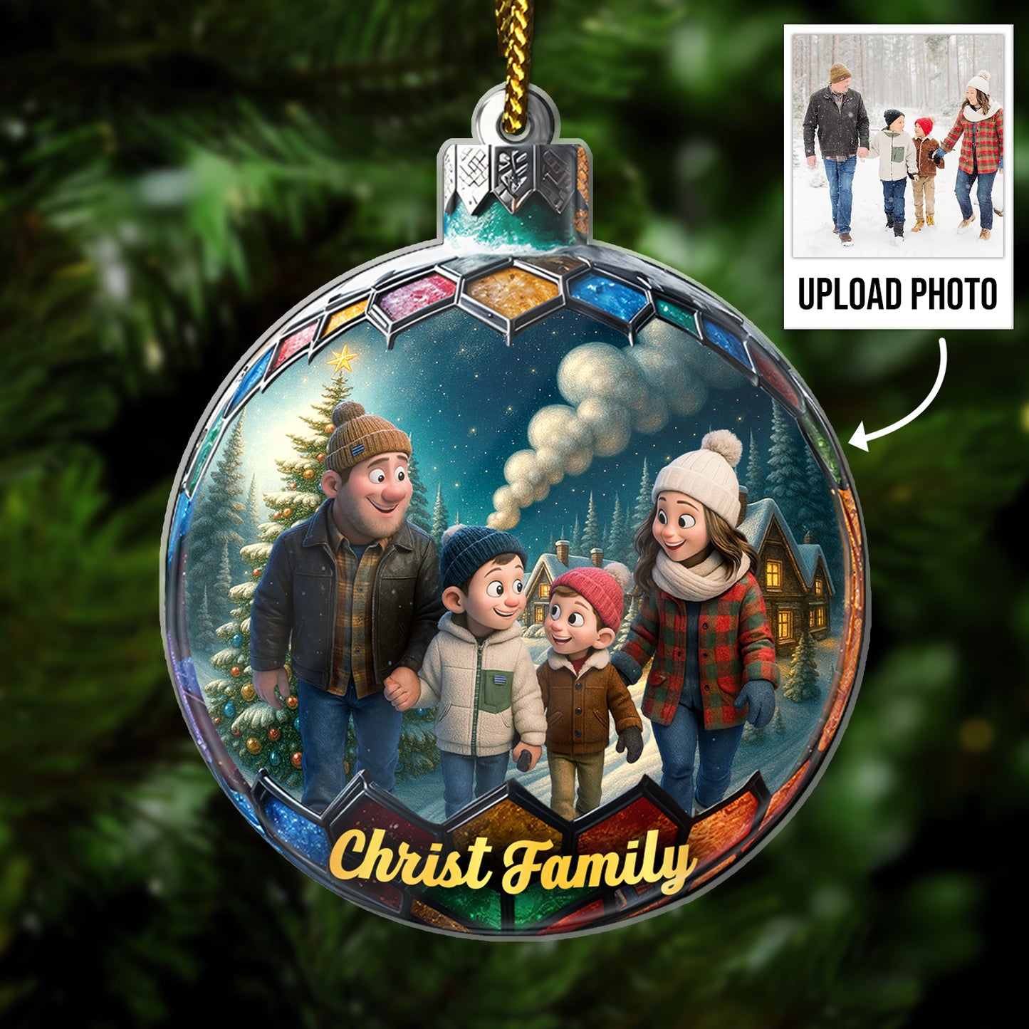 Custom photo Christmas ornament featuring the Christ family in a festive winter scene