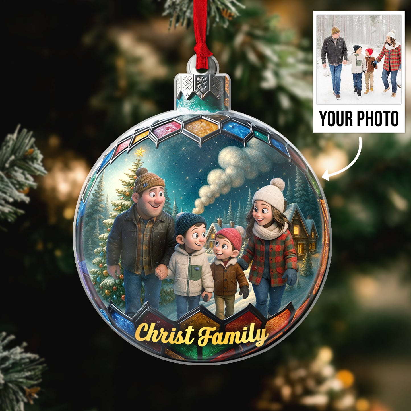Custom photo Christmas ornament featuring a family portrait with festive winter scenery