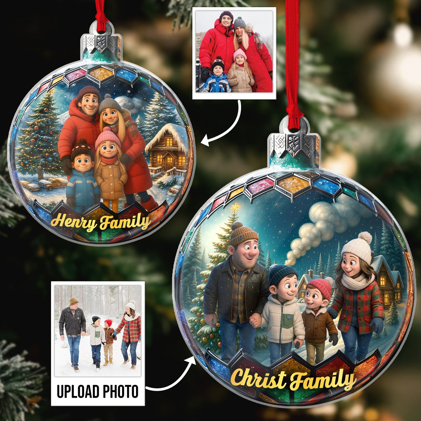 Custom photo Christmas ornament featuring two family designs and space to upload your photo