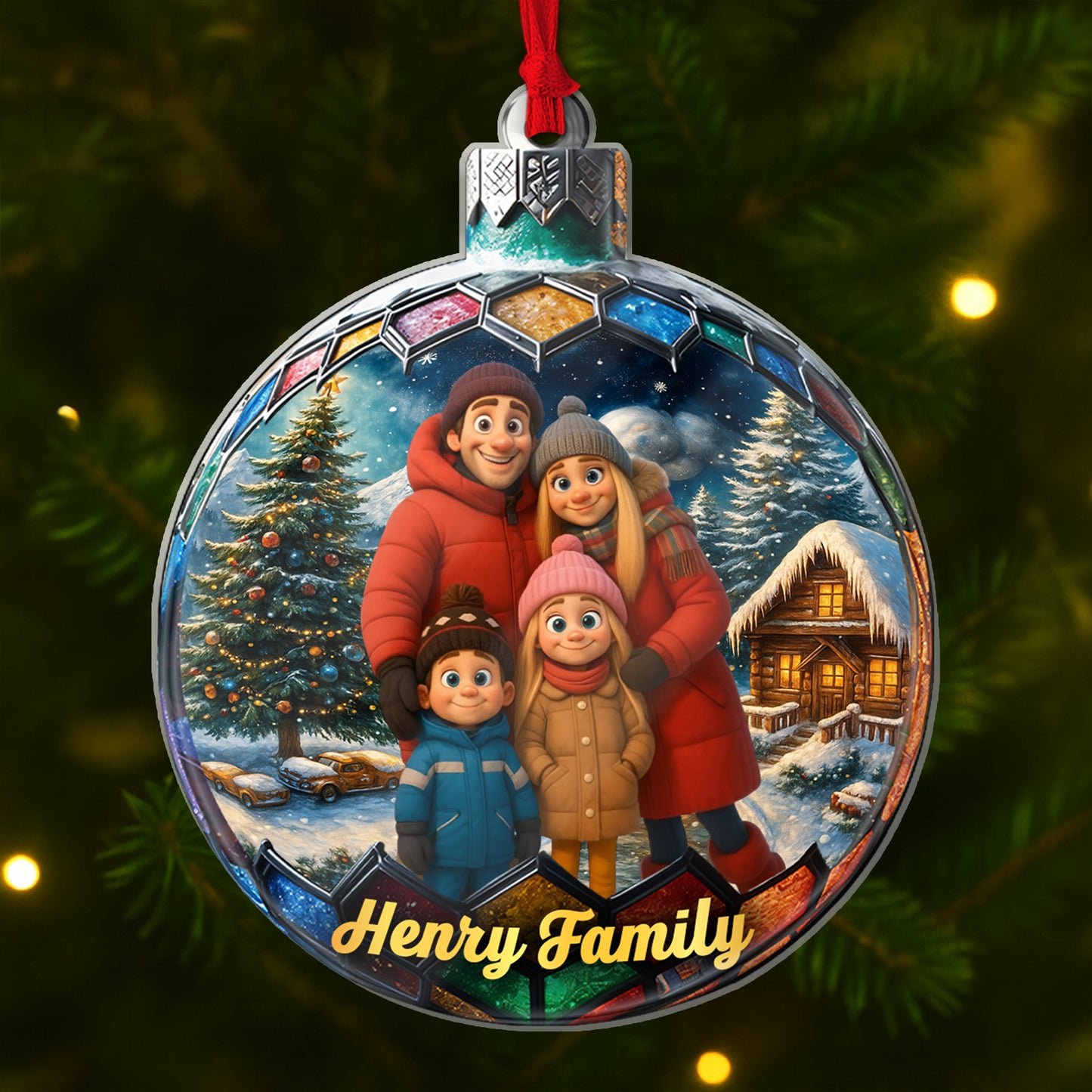 Custom photo Christmas ornament featuring a family in winter attire in a snow-covered scene