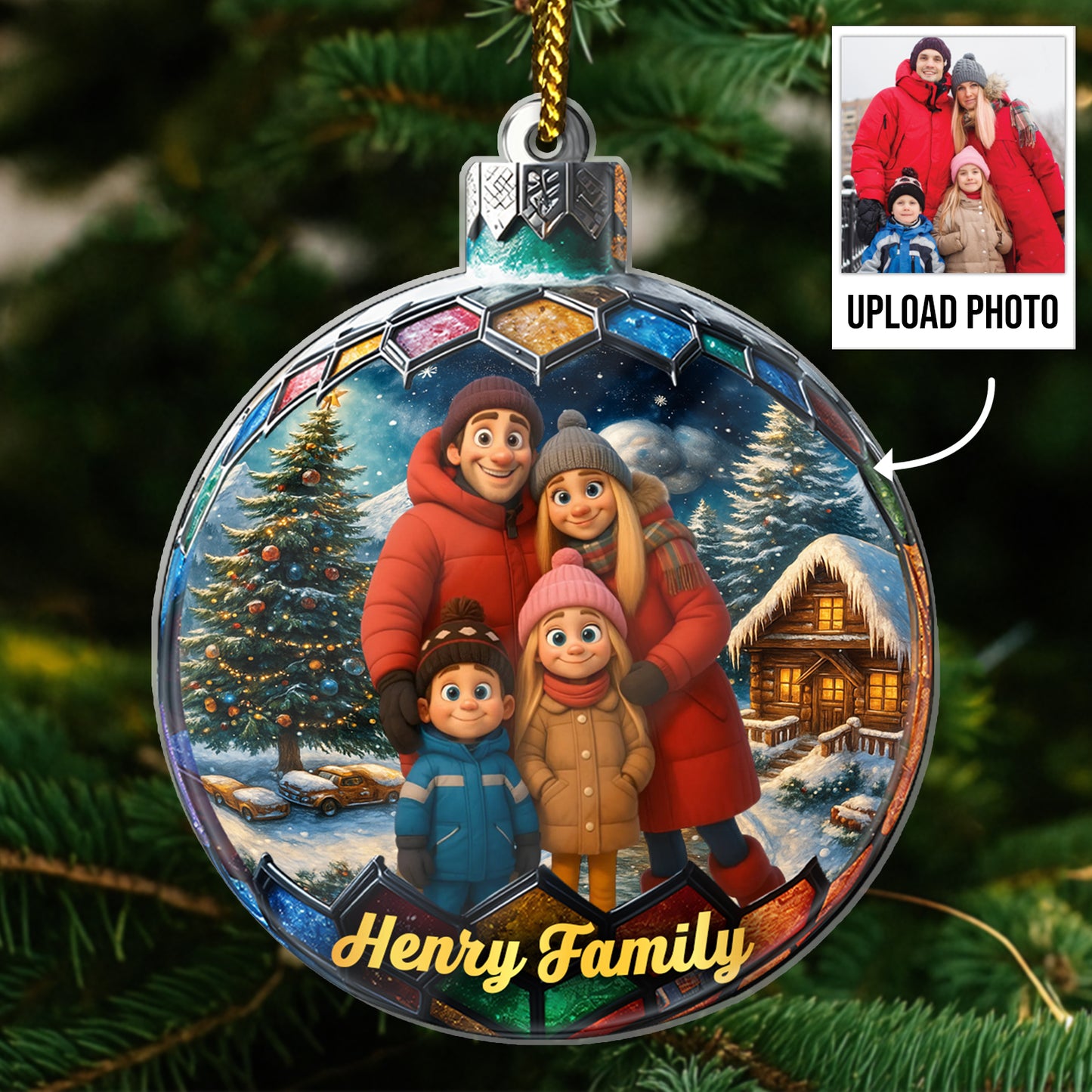 Custom photo Christmas ornament featuring the Henry Family with a festive winter background